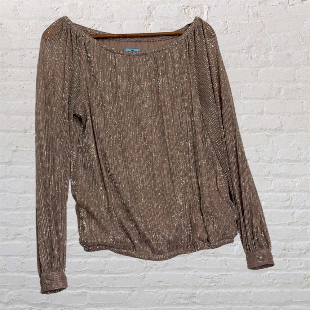 CeCe Metallic Pleated Long Sleeve Bubble‎ Hem Blouse Rose Gold Size M
